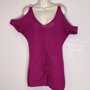 Magenta embellished tank top with faux sleeves.